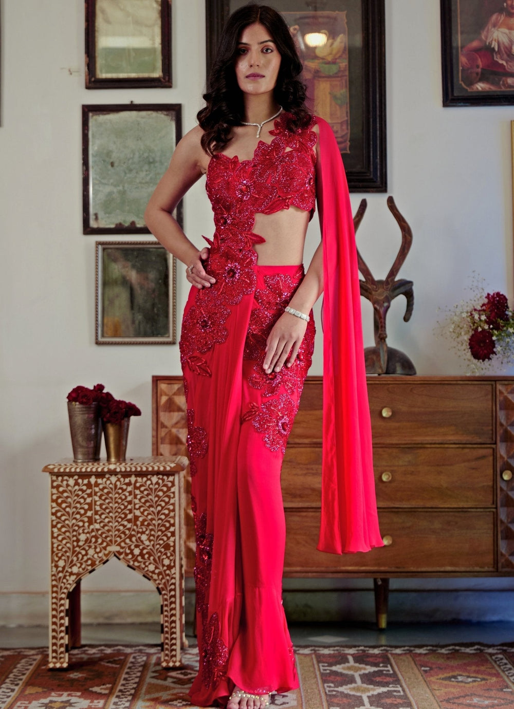 Red Embroidered And Pre - Draped Georgette Saree Moledro - Fabilicious Fashion