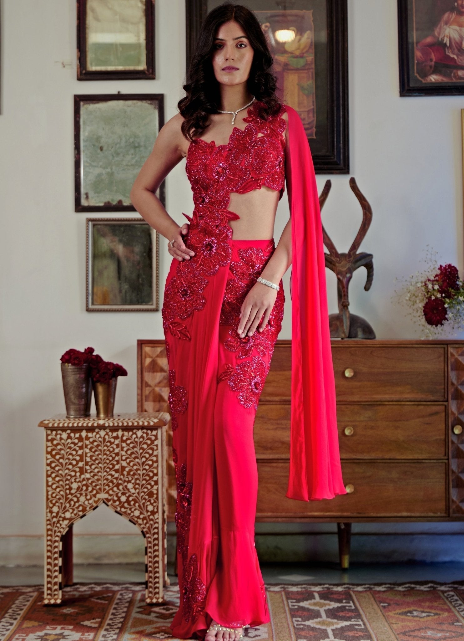 Red embroidered pre-draped georgette saree — modern saree by Moledro