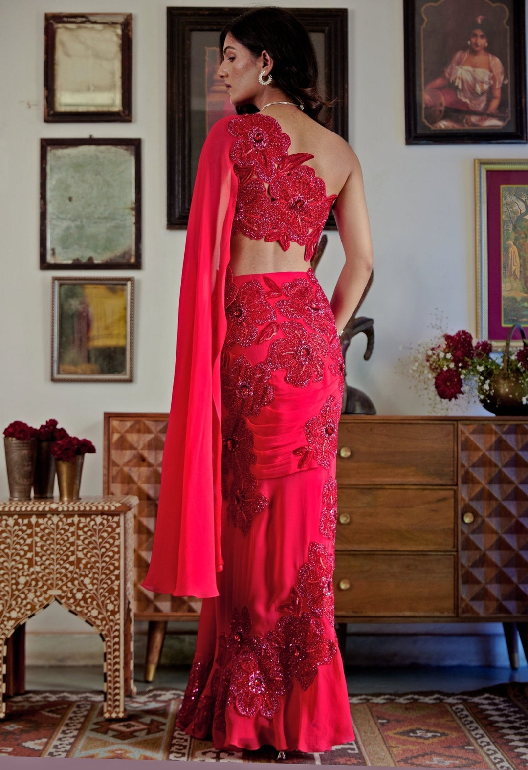 Red Embroidered And Pre - Draped Georgette Saree Moledro - Fabilicious Fashion