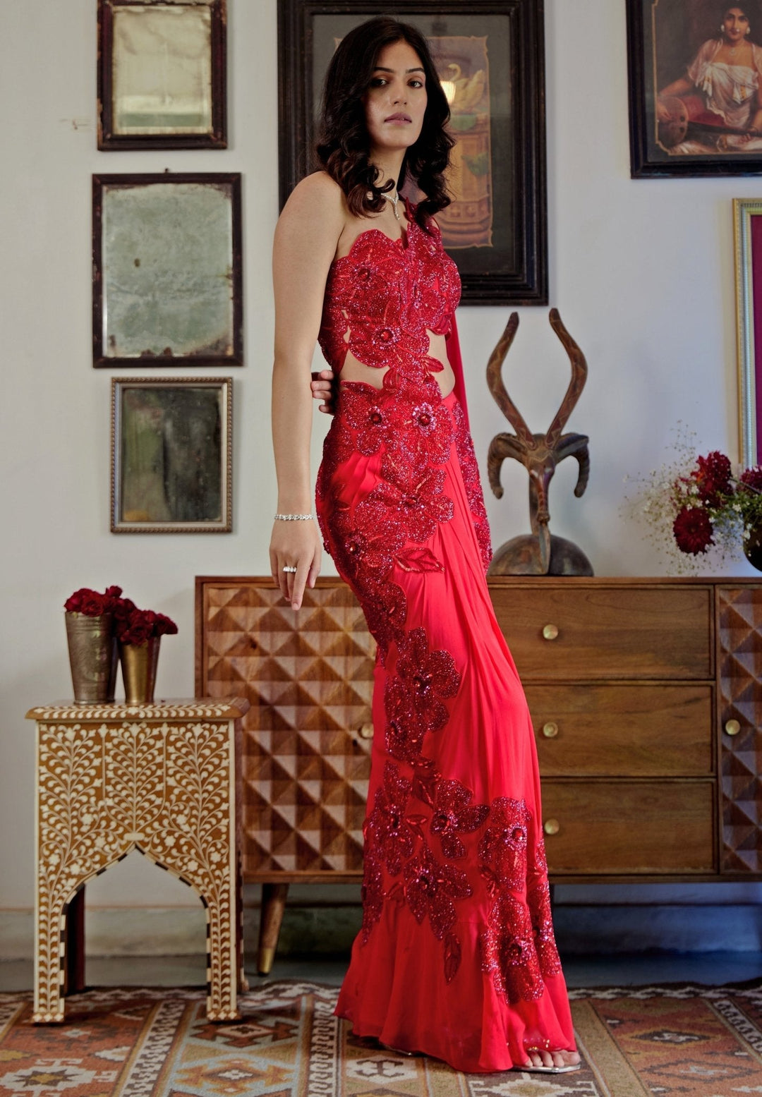 Red Embroidered And Pre - Draped Georgette Saree Moledro - Fabilicious Fashion