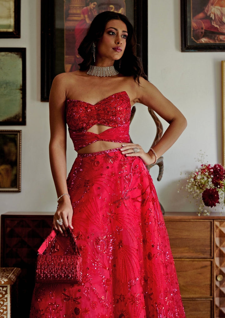 Red Embroidered Bridal Lehenga Set With Corset Blouse Moledro - Fabilicious Fashion