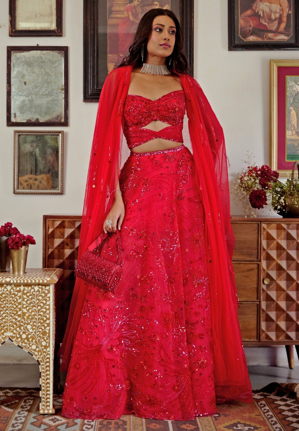 Red Embroidered Bridal Lehenga Set With Corset Blouse Moledro - Fabilicious Fashion