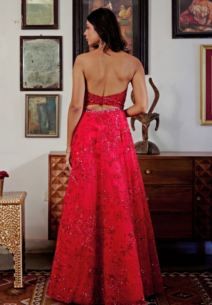 Red Embroidered Bridal Lehenga Set With Corset Blouse Moledro - Fabilicious Fashion