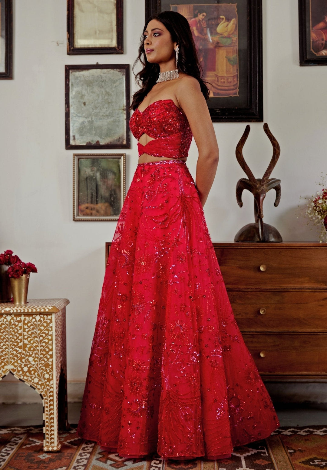 Red Embroidered Bridal Lehenga Set With Corset Blouse Moledro - Fabilicious Fashion
