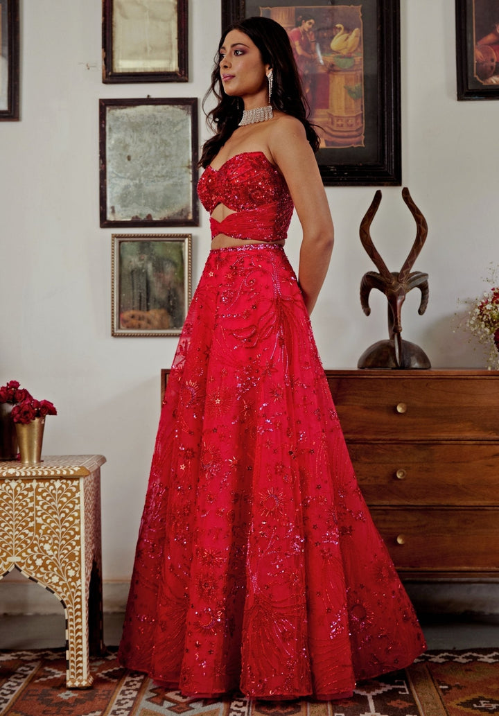 Red Embroidered Bridal Lehenga Set With Corset Blouse Moledro - Fabilicious Fashion