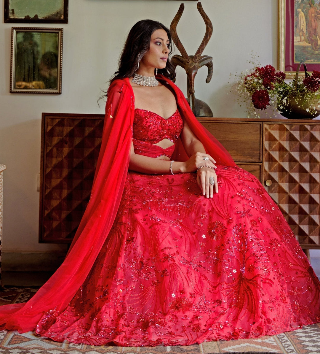 Red Embroidered Bridal Lehenga Set With Corset Blouse Moledro - Fabilicious Fashion