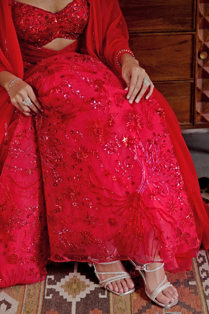 Red Embroidered Bridal Lehenga Set With Corset Blouse Moledro - Fabilicious Fashion