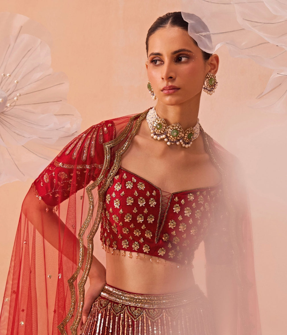 Red Embroidered Bridal Lehenga Set Parul Gandhi - Fabilicious Fashion
