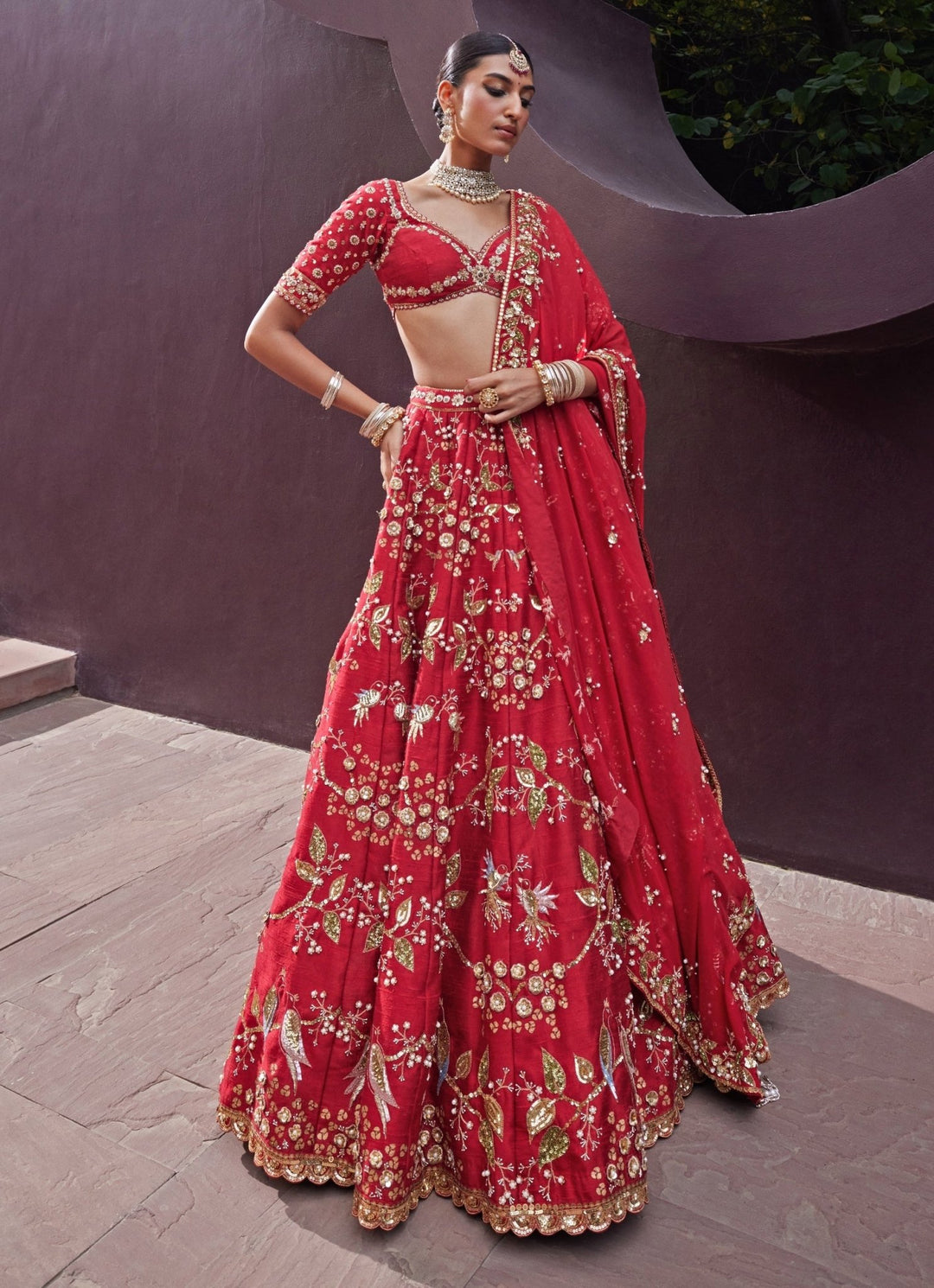 Red Embroidered Bridal Silk Lehenga Prevasu - Fabilicious Fashion
