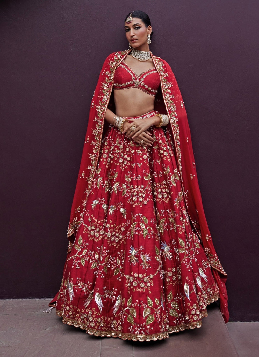 Red Embroidered Bridal Silk Lehenga Prevasu - Fabilicious Fashion
