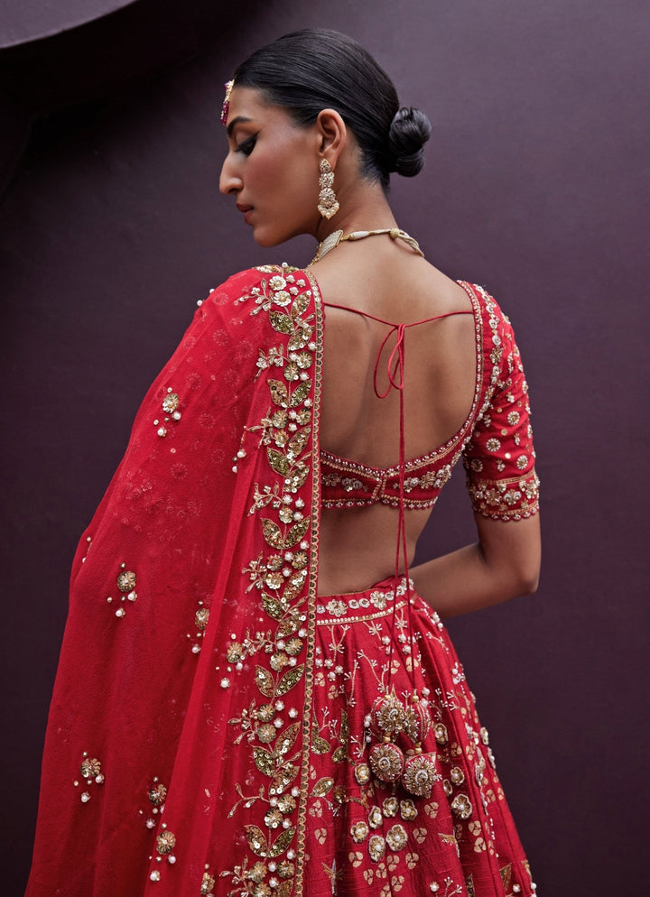 Red Embroidered Bridal Silk Lehenga Prevasu - Fabilicious Fashion