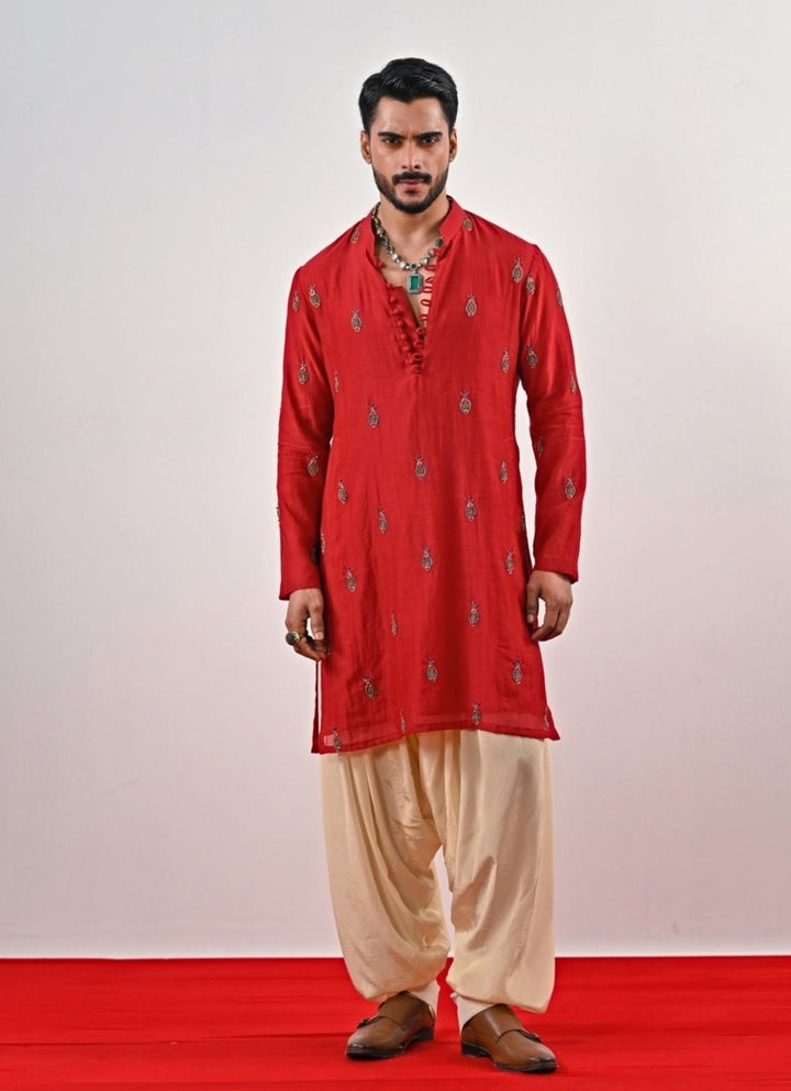 Red Embroidered Chanderi Kurta with Ivory Cowl Pants Juhi Bengani - Men - Fabilicious Fashion