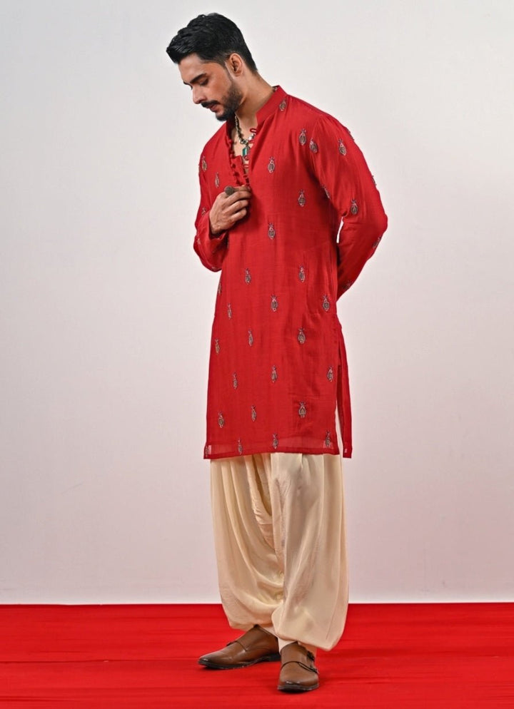Red Embroidered Chanderi Kurta with Ivory Cowl Pants Juhi Bengani - Men - Fabilicious Fashion