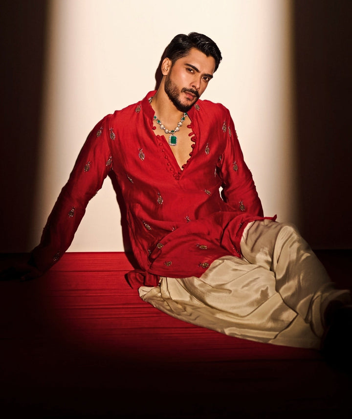 Red Embroidered Chanderi Kurta with Ivory Cowl Pants Juhi Bengani - Men - Fabilicious Fashion