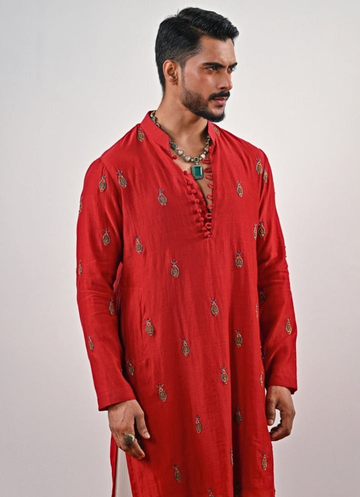 Red Embroidered Chanderi Kurta with Ivory Cowl Pants Juhi Bengani - Men - Fabilicious Fashion