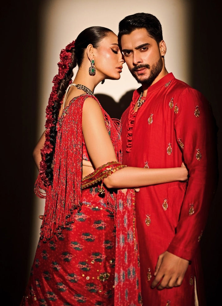 Red Embroidered Chanderi Kurta with Ivory Cowl Pants Juhi Bengani - Men - Fabilicious Fashion