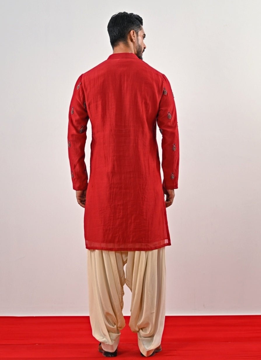 Red Embroidered Chanderi Kurta with Ivory Cowl Pants Juhi Bengani - Men - Fabilicious Fashion