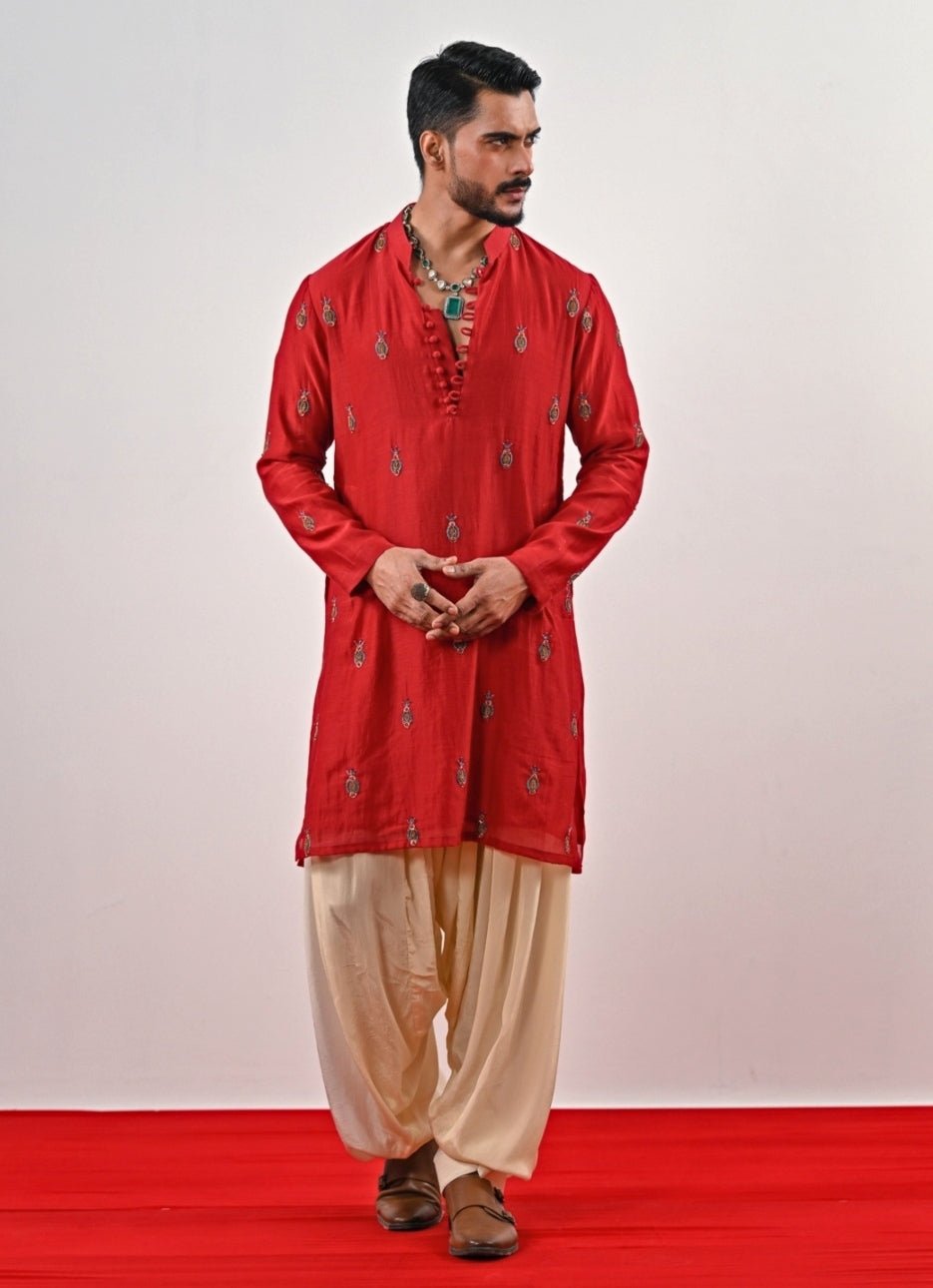 Red Embroidered Chanderi Kurta with Ivory Cowl Pants Juhi Bengani - Men - Fabilicious Fashion