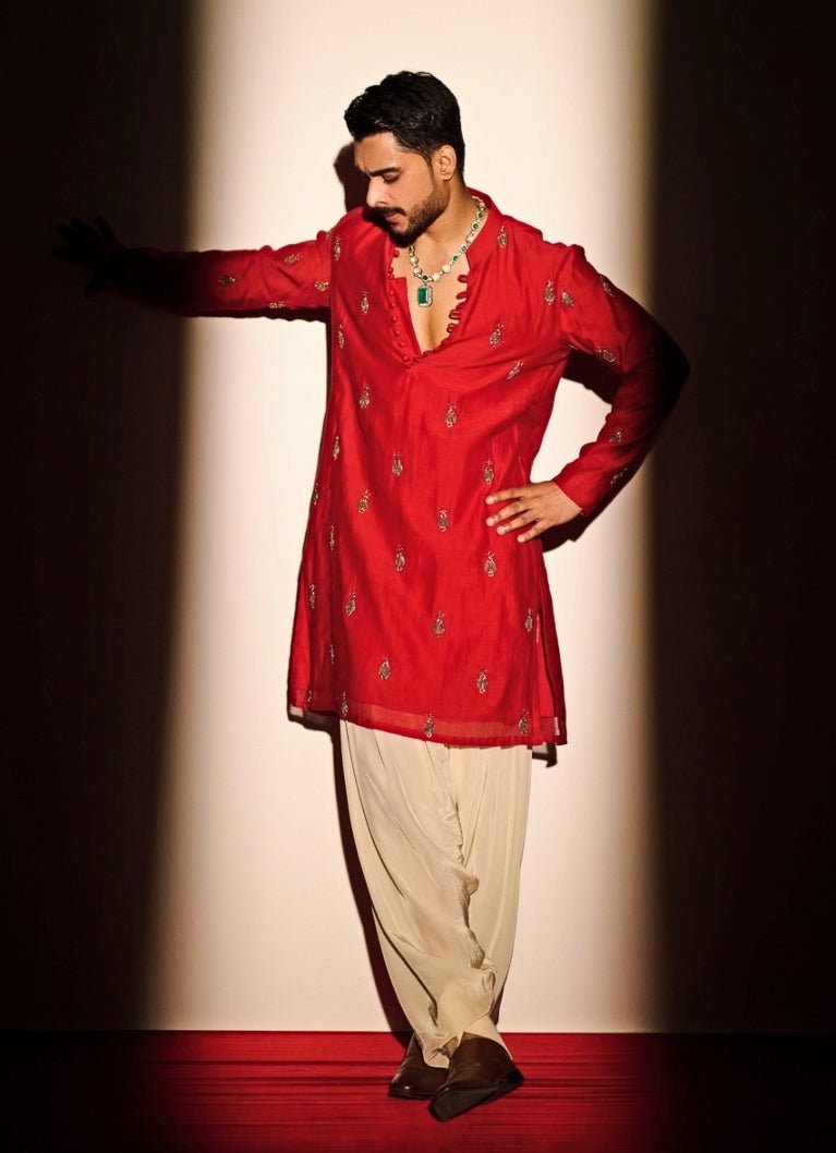 Red Embroidered Chanderi Kurta with Ivory Cowl Pants Juhi Bengani - Men - Fabilicious Fashion