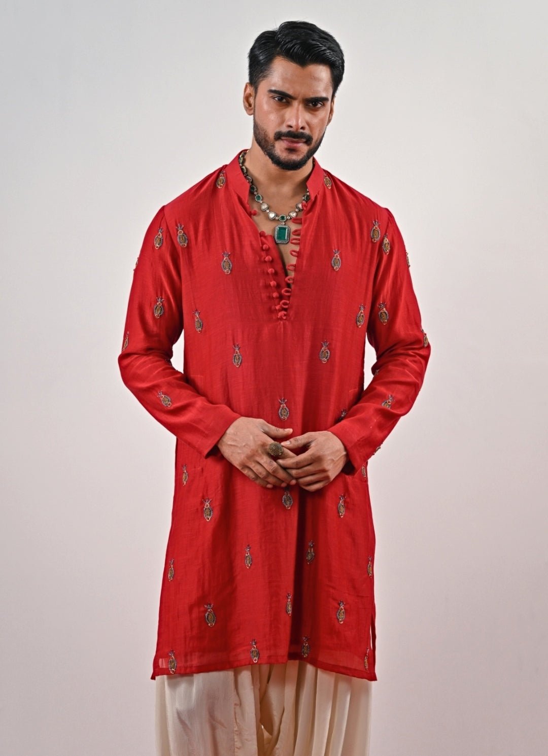Red Embroidered Chanderi Kurta Juhi Bengani - Men - Fabilicious Fashion