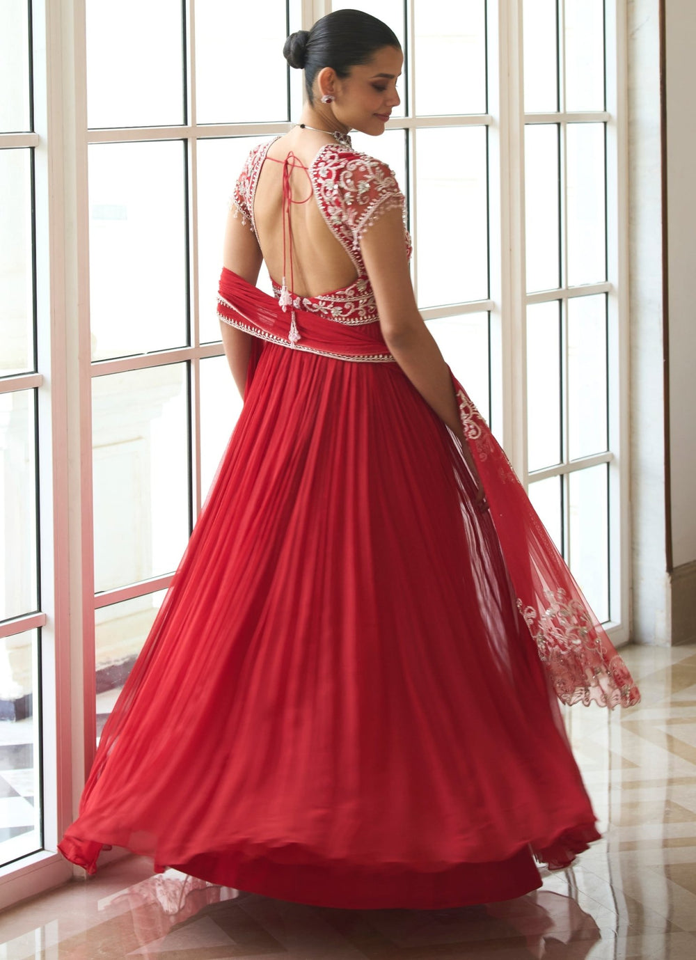 Red Embroidered Chiffon Anarkali Sanya Gulati - Fabilicious Fashion