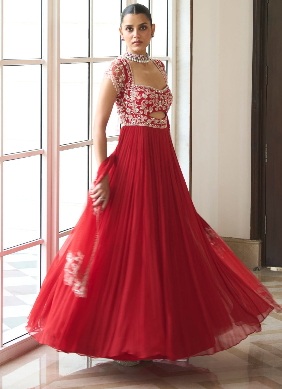 Red Embroidered Chiffon Anarkali Sanya Gulati - Fabilicious Fashion