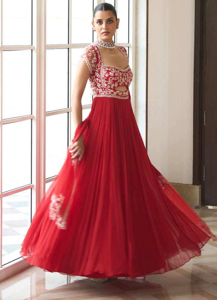 Red Embroidered Chiffon Anarkali Sanya Gulati - Fabilicious Fashion