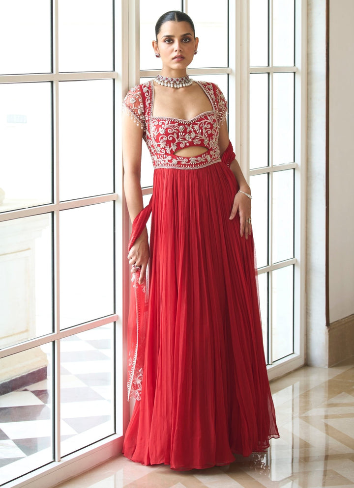 Red Embroidered Chiffon Anarkali Sanya Gulati - Fabilicious Fashion