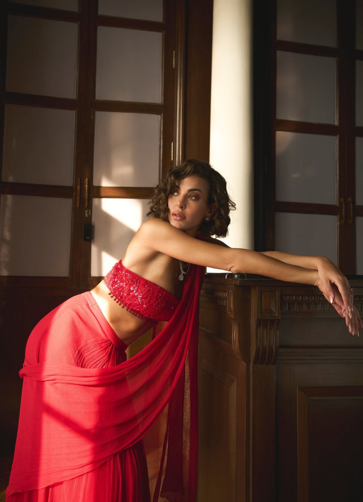 Red Embroidered Chiffon Pre Draped Saree With Bustier Sanya Gulati - Fabilicious Fashion
