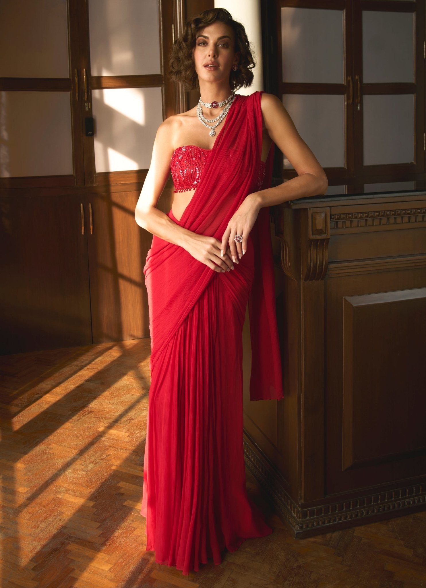 Red Embroidered Corset Bustier Saree by Sanya Gulati from Fabilicious