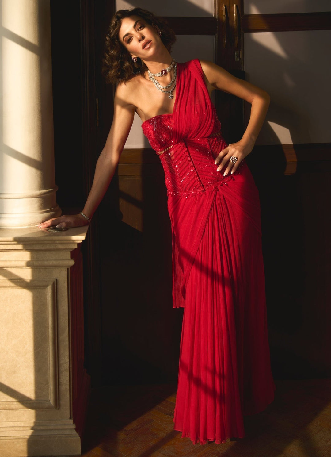 Red Embroidered Chiffon Saree With Bustier and Belt Sanya Gulati - Fabilicious Fashion