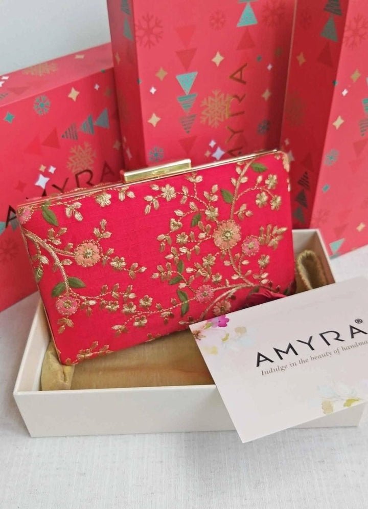 Red Embroidered Clutch AMYRA - Fabilicious Fashion