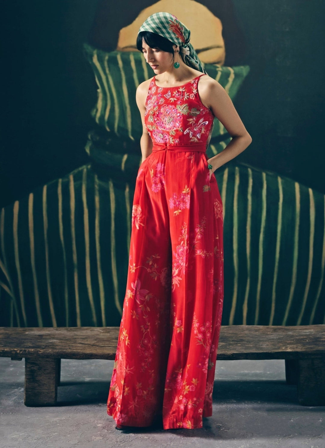 Red Embroidered Crepe Jumpsuit Paulmi and Harsh X Ease - Fabilicious Fashion