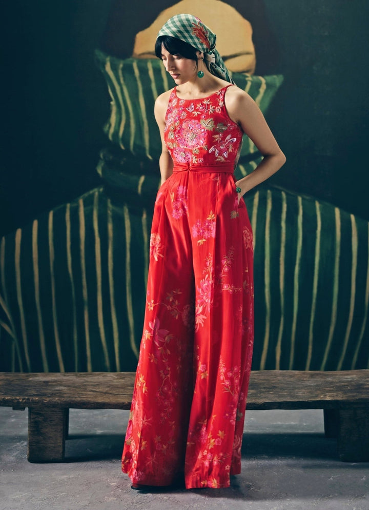 Red Embroidered Crepe Jumpsuit Paulmi and Harsh X Ease - Fabilicious Fashion
