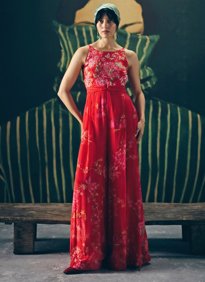 Red Embroidered Crepe Jumpsuit Paulmi and Harsh X Ease - Fabilicious Fashion