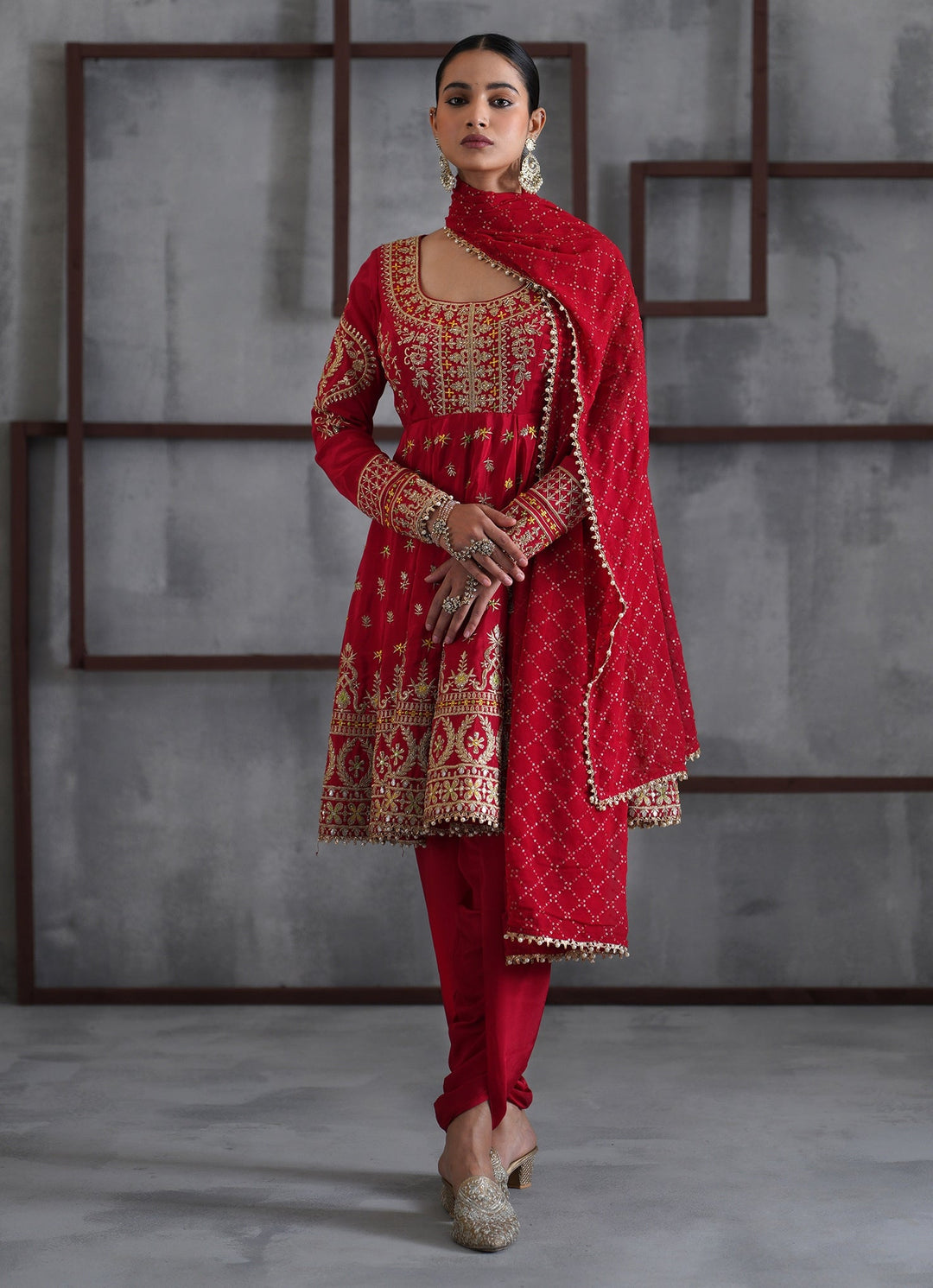Red Embroidered Crepe Peplum Kurta Salwar Set Deepika Chadha - Fabilicious Fashion
