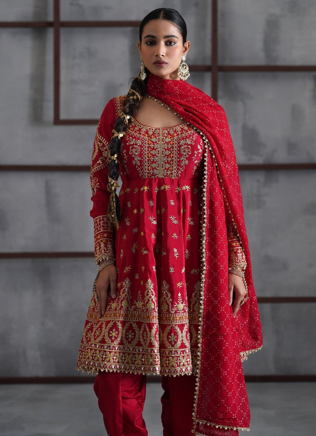 Red Embroidered Crepe Peplum Kurta Salwar Set Deepika Chadha - Fabilicious Fashion