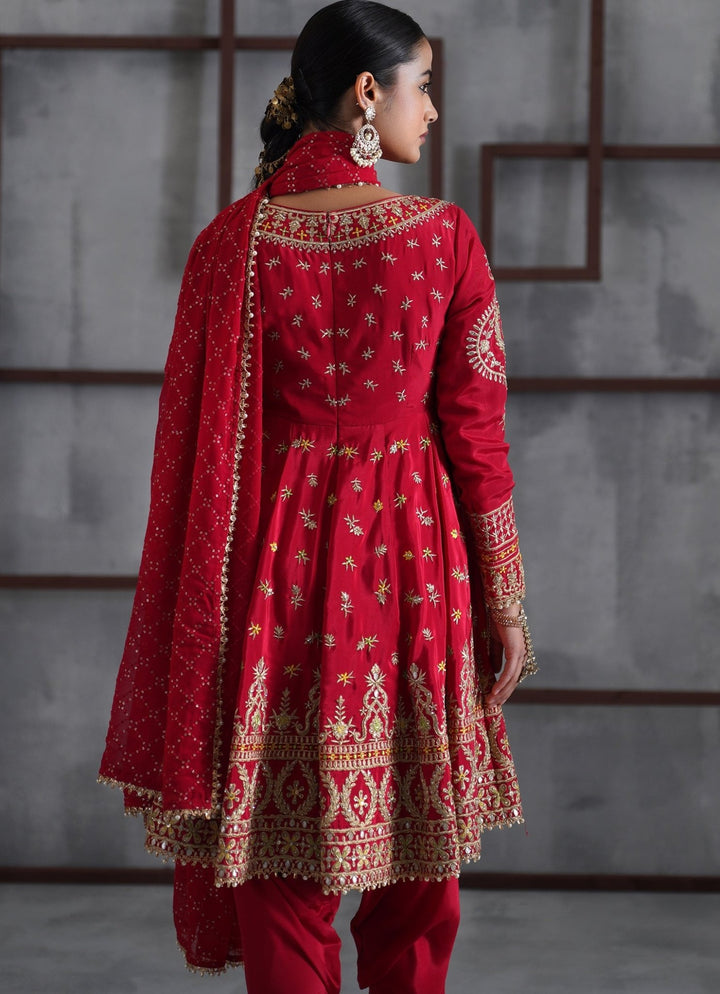 Red Embroidered Crepe Peplum Kurta Salwar Set Deepika Chadha - Fabilicious Fashion