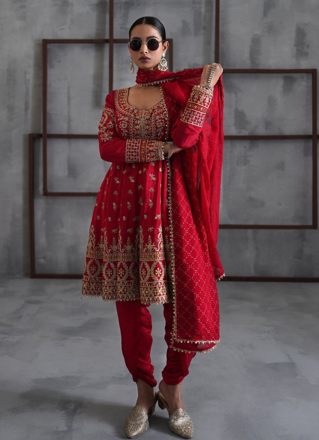 Red Embroidered Crepe Peplum Kurta Salwar Set Deepika Chadha - Fabilicious Fashion