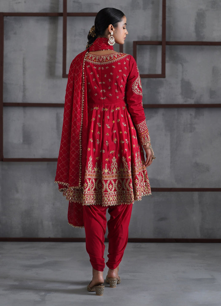 Red Embroidered Crepe Peplum Kurta Salwar Set Deepika Chadha - Fabilicious Fashion
