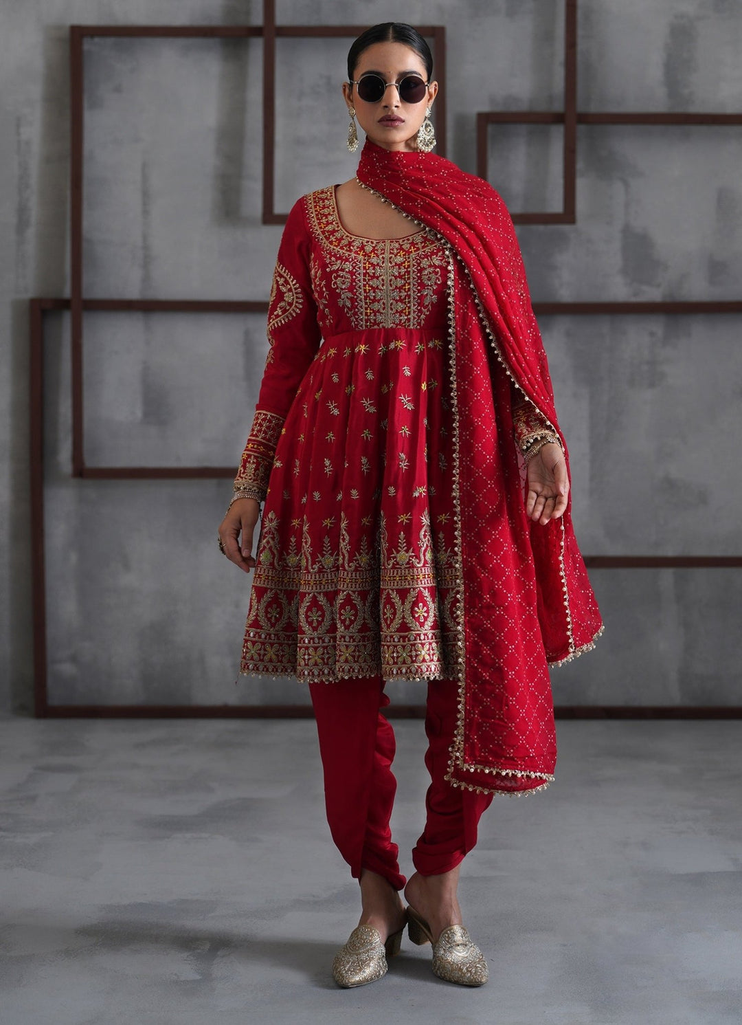 Red Embroidered Crepe Peplum Kurta Salwar Set Deepika Chadha - Fabilicious Fashion