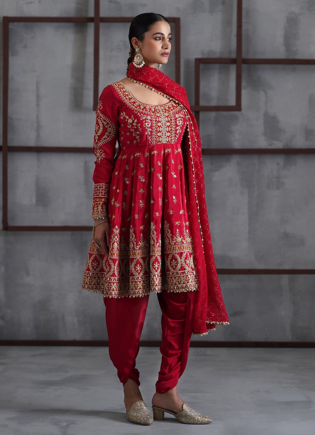 Red Embroidered Crepe Peplum Kurta Salwar Set Deepika Chadha - Fabilicious Fashion