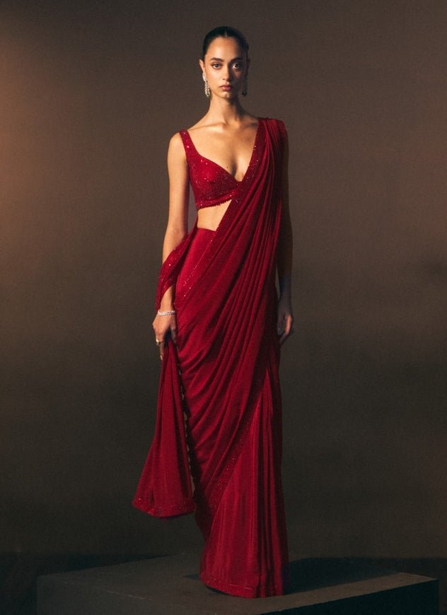 Angad Singh Red Embroidered Crepe Pre-Draped SareeFabilicious Fashion