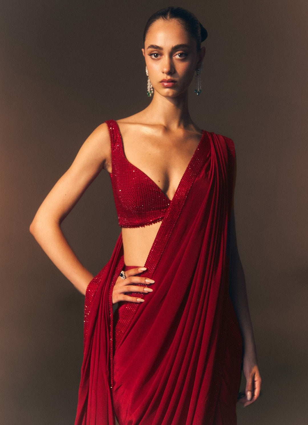 Angad Singh Red Embroidered Crepe Pre-Draped SareeFabilicious Fashion
