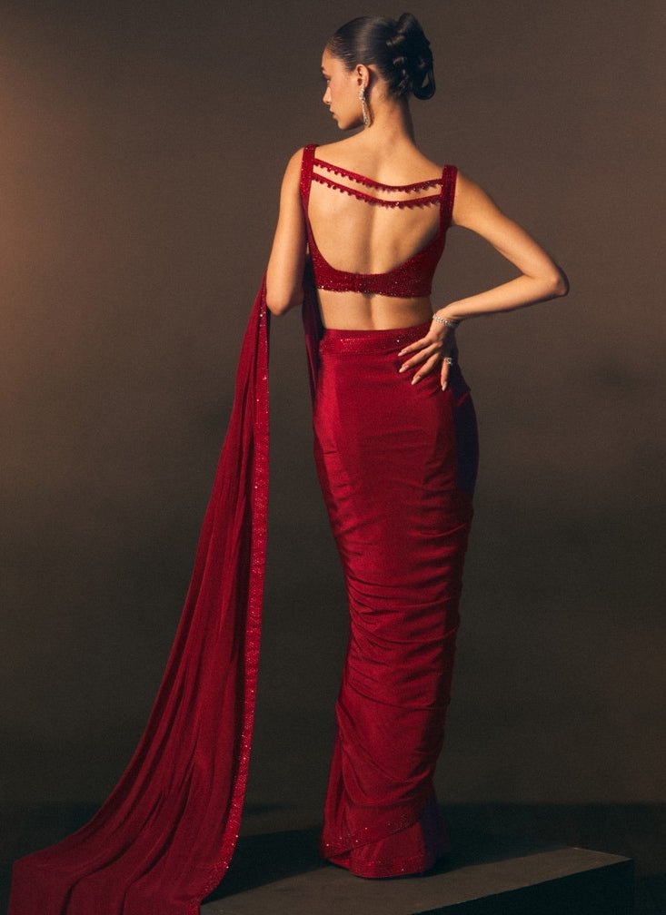 Angad Singh Red Embroidered Crepe Pre-Draped SareeFabilicious Fashion
