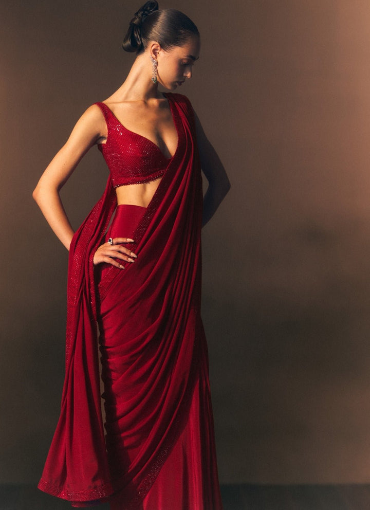 Angad Singh Red Embroidered Crepe Pre-Draped SareeFabilicious Fashion