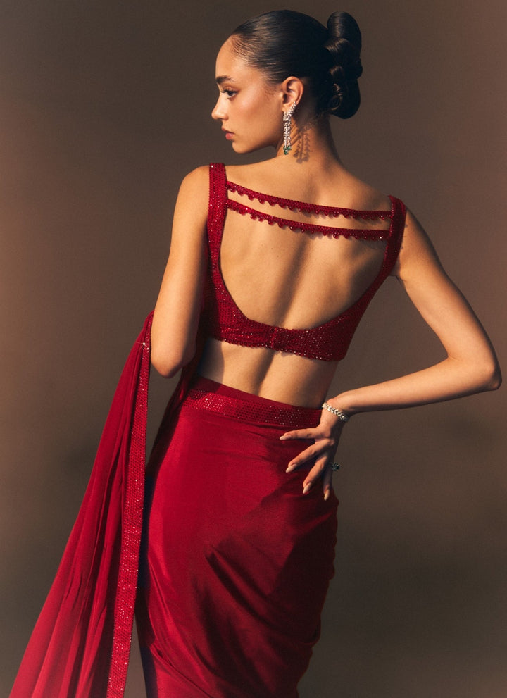 Angad Singh Red Embroidered Crepe Pre-Draped SareeFabilicious Fashion