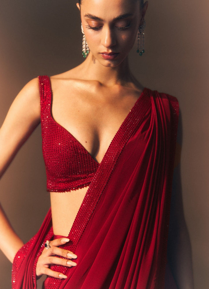 Angad Singh Red Embroidered Crepe Pre-Draped SareeFabilicious Fashion
