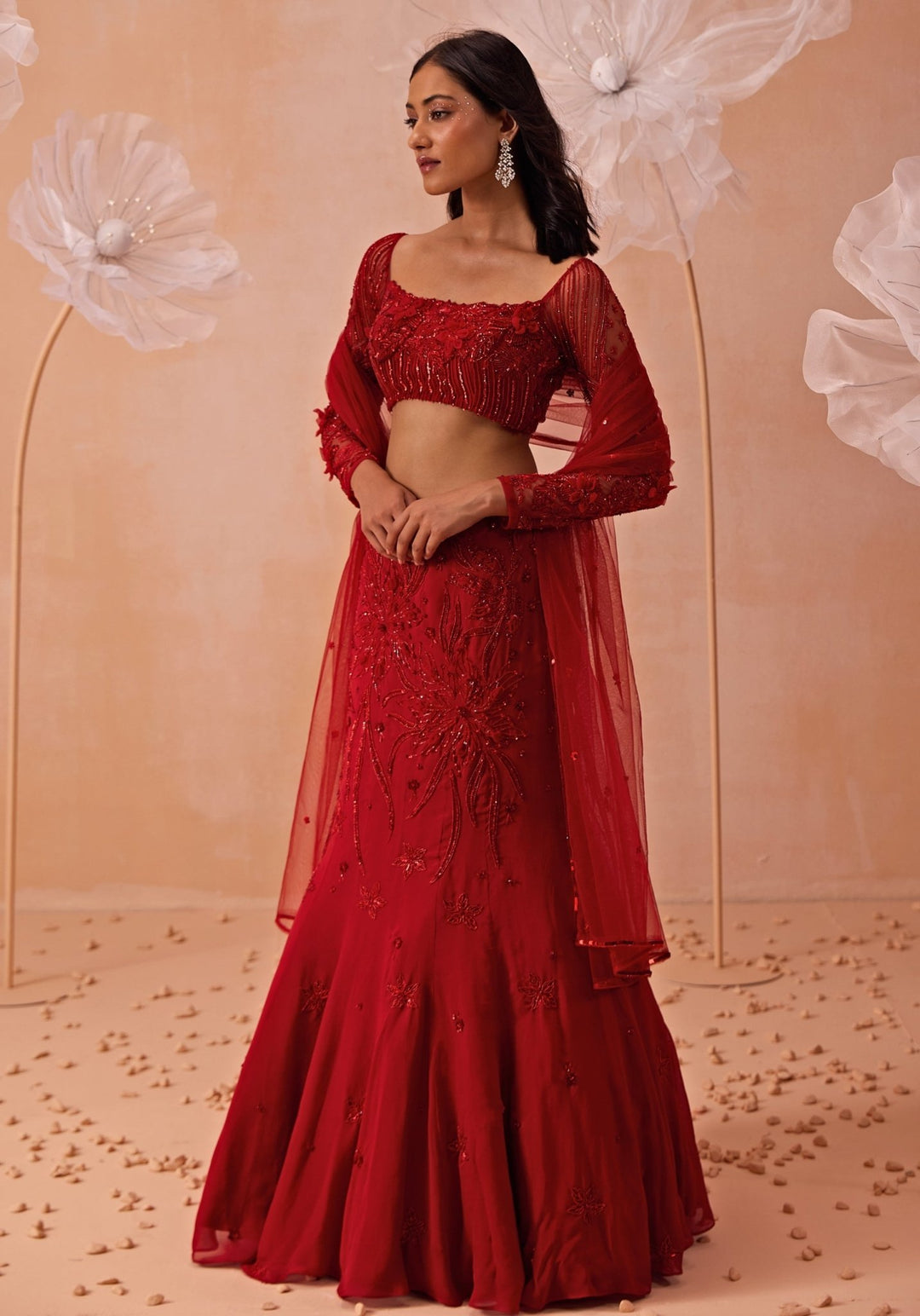 Red Embroidered Fishcut Lehenga Set Parul Gandhi - Fabilicious Fashion