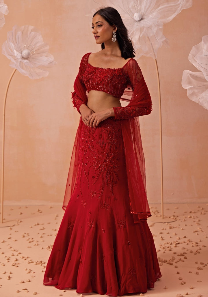 Red Embroidered Fishcut Lehenga Set Parul Gandhi - Fabilicious Fashion
